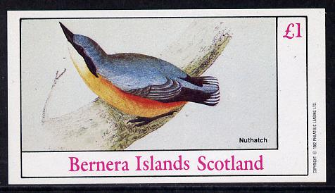 Bernera 1982 Birds #13 (Nuthatch) imperf souvenir sheet (£1 value) unmounted mint, stamps on birds