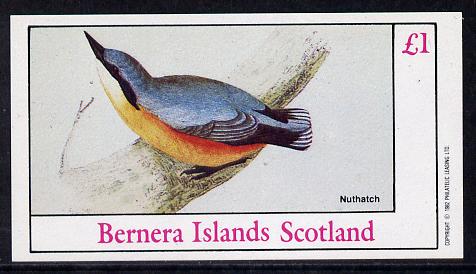 Bernera 1982 Birds #13 (Nuthatch) imperf souvenir sheet (Â£1 value) unmounted mint, stamps on , stamps on  stamps on birds