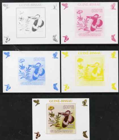Guinea - Bissau 2009 Butterflies & Flowers #3 individual deluxe sheet - the set of 5 imperf progressive proofs comprising the 4 individual colours plus all 4-colour composite, unmounted mint , stamps on butterflies, stamps on flowers, stamps on 