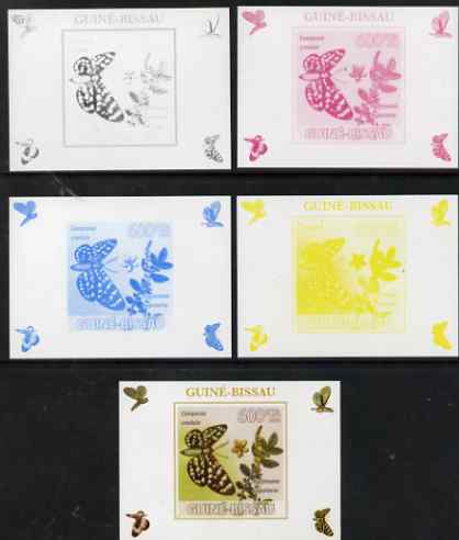 Guinea - Bissau 2009 Butterflies & Flowers #4 individual deluxe sheet - the set of 5 imperf progressive proofs comprising the 4 individual colours plus all 4-colour compo..., stamps on butterflies, stamps on flowers, stamps on 