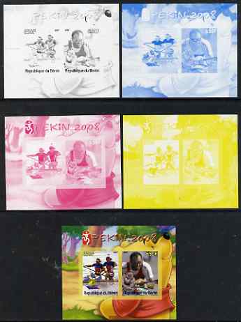 Benin 2007 Beijing Olympic Games #04 - Rowing (1) s/sheet containing 2 values (Disney characters in background) - the set of 5 imperf progressive proofs comprising the 4 individual colours plus all 4-colour composite, unmounted mint , stamps on sport, stamps on olympics, stamps on disney, stamps on rowing
