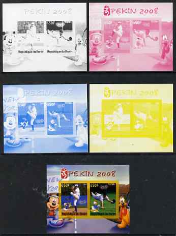 Benin 2007 Beijing Olympic Games #09 - Baseball (3) s/sheet containing 2 values (Disney characters in background) - the set of 5 imperf progressive proofs comprising the 4 individual colours plus all 4-colour composite, unmounted mint , stamps on , stamps on  stamps on sport, stamps on  stamps on olympics, stamps on  stamps on disney, stamps on  stamps on baseball