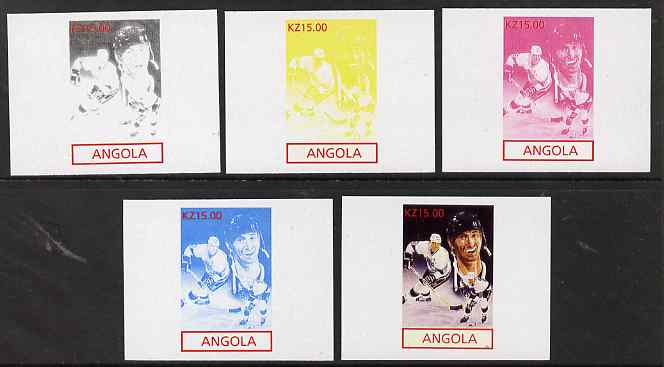 Angola 2001 American Sports Stars - Ice Hockey - the set of 5 imperf progressive proofs comprising colour combinations plus all 5-colour composite, unmounted mint 