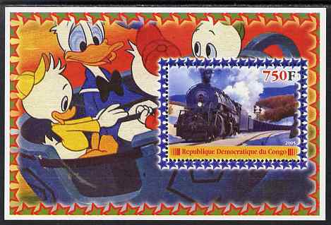 Congo 2005 Steam Locos #03 perf s/sheet with Disney characters in background unmounted mint. Note this item is privately produced and is offered purely on its thematic appeal, stamps on , stamps on  stamps on movies, stamps on  stamps on films, stamps on  stamps on cinema, stamps on  stamps on disney, stamps on  stamps on railways
