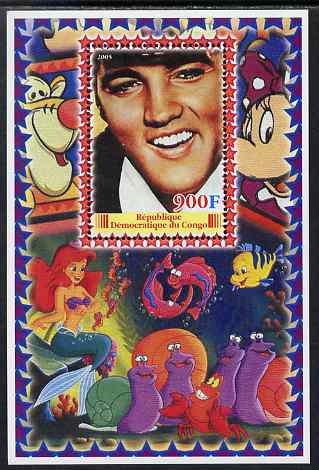 Congo 2005 Elvis Presley #02 perf s/sheet with Disney characters in background unmounted mint, stamps on movies, stamps on films, stamps on cinema, stamps on disney, stamps on elvis, stamps on music, stamps on pops