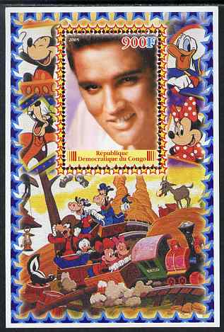 Congo 2005 Elvis Presley #03 perf s/sheet with Disney characters in background unmounted mint. Note this item is privately produced and is offered purely on its thematic appeal, stamps on , stamps on  stamps on movies, stamps on  stamps on films, stamps on  stamps on cinema, stamps on  stamps on disney, stamps on  stamps on elvis, stamps on  stamps on music, stamps on  stamps on pops, stamps on  stamps on railways