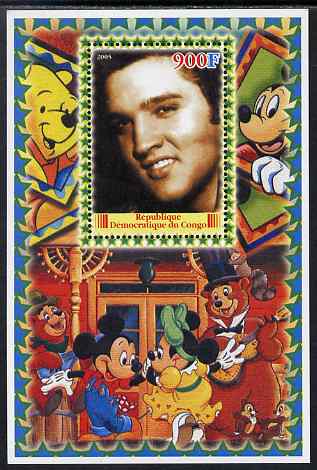 Congo 2005 Elvis Presley #04 perf s/sheet with Disney characters in background unmounted mint, stamps on , stamps on  stamps on movies, stamps on  stamps on films, stamps on  stamps on cinema, stamps on  stamps on disney, stamps on  stamps on elvis, stamps on  stamps on music, stamps on  stamps on pops