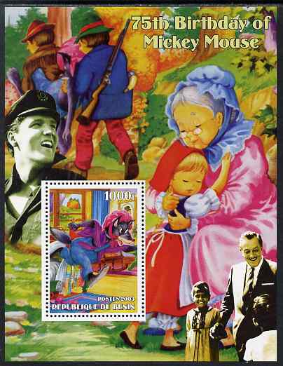 Benin 2003 75th Birthday of Mickey Mouse - Little Red Riding Hood #02 (also shows Elvis & Walt Disney) perf m/sheet unmounted mint. Note this item is privately produced and is offered purely on its thematic appeal, stamps on , stamps on  stamps on personalities, stamps on  stamps on movies, stamps on  stamps on films, stamps on  stamps on cinema, stamps on  stamps on fairy tales, stamps on  stamps on elvis, stamps on  stamps on disney, stamps on  stamps on 