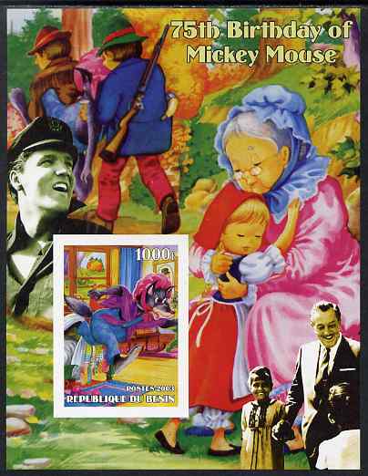 Benin 2003 75th Birthday of Mickey Mouse - Little Red Riding Hood #02 (also shows Elvis & Walt Disney) imperf m/sheet unmounted mint. Note this item is privately produced and is offered purely on its thematic appeal, stamps on personalities, stamps on movies, stamps on films, stamps on cinema, stamps on fairy tales, stamps on elvis, stamps on disney, stamps on 
