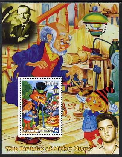 Benin 2003 75th Birthday of Mickey Mouse - Pinocchio #02 (also shows Elvis & Walt Disney) perf m/sheet unmounted mint. Note this item is privately produced and is offered purely on its thematic appeal, stamps on personalities, stamps on movies, stamps on films, stamps on cinema, stamps on fairy tales, stamps on elvis, stamps on disney, stamps on 