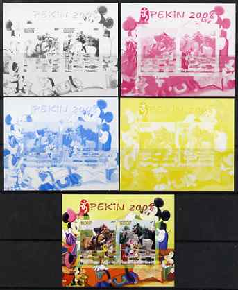 Benin 2007 Beijing Olympic Games #01 - Show Jumping (1) s/sheet containing 2 values (Disney characters in background) - the set of 5 imperf progressive proofs comprising ..., stamps on sport, stamps on olympics, stamps on disney, stamps on horses, stamps on show jumping