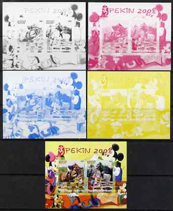 Benin 2007 Beijing Olympic Games #01 - Show Jumping (1) s/sheet containing 2 values (Disney characters in background) - the set of 5 imperf progressive proofs comprising the 4 individual colours plus all 4-colour composite, unmounted mint , stamps on , stamps on  stamps on sport, stamps on  stamps on olympics, stamps on  stamps on disney, stamps on  stamps on horses, stamps on  stamps on show jumping