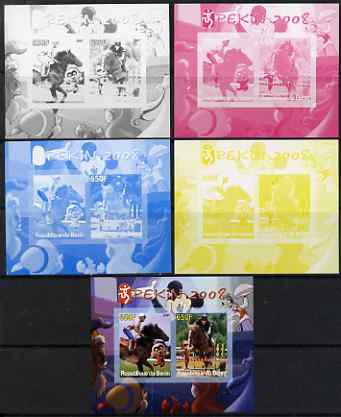 Benin 2007 Beijing Olympic Games #03 - Show Jumping (3) s/sheet containing 2 values (Disney characters in background) - the set of 5 imperf progressive proofs comprising the 4 individual colours plus all 4-colour composite, unmounted mint , stamps on , stamps on  stamps on sport, stamps on  stamps on olympics, stamps on  stamps on disney, stamps on  stamps on horses, stamps on  stamps on show jumping