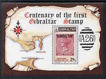 Gibraltar 1986 Stamp Centenary perf m/sheet unmounted mint, SG MS539, stamps on , stamps on  stamps on stamponstamp, stamps on  stamps on stamp centenaries, stamps on  stamps on maps