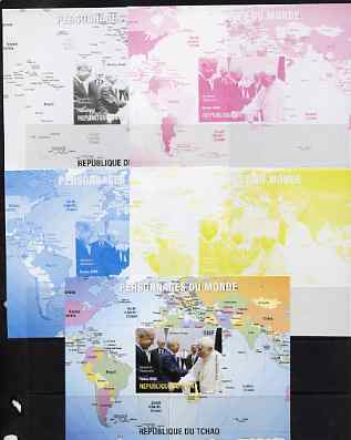 Chad 2009 World Personalities - The Pope, Shimon Peres & Netanyahu s/sheet - the set of 5 imperf progressive proofs comprising the 4 individual colours plus all 4-colour ...