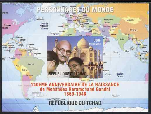 Chad 2009 World Personalities - Mahatma Gandhi imperf s/sheet unmounted mint, stamps on , stamps on  stamps on personalities, stamps on  stamps on gandhi, stamps on  stamps on constitutions, stamps on  stamps on maps, stamps on  stamps on flags, stamps on  stamps on gandhi