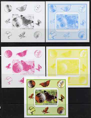 St Thomas & Prince Islands 2008 Butterfly #1 large individual deluxe sheet - the set of 5 imperf progressive proofs comprising the 4 individual colours plus all 4-colour ..., stamps on butterflies