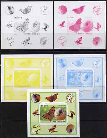 St Thomas & Prince Islands 2008 Butterfly #2 large individual deluxe sheet - the set of 5 imperf progressive proofs comprising the 4 individual colours plus all 4-colour ..., stamps on butterflies