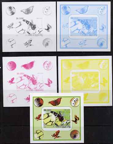 St Thomas & Prince Islands 2008 Butterfly #3 large individual deluxe sheet - the set of 5 imperf progressive proofs comprising the 4 individual colours plus all 4-colour composite, unmounted mint , stamps on , stamps on  stamps on butterflies
