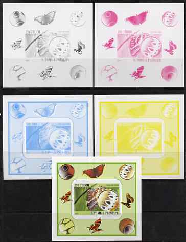 St Thomas & Prince Islands 2008 Butterfly #4 large individual deluxe sheet - the set of 5 imperf progressive proofs comprising the 4 individual colours plus all 4-colour ..., stamps on butterflies