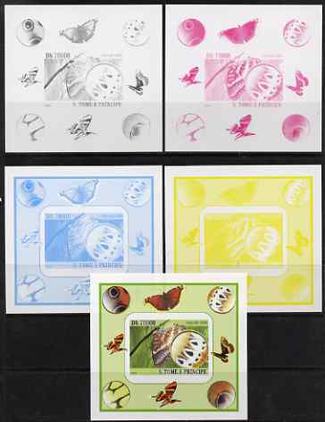 St Thomas & Prince Islands 2008 Butterfly #4 large individual deluxe sheet - the set of 5 imperf progressive proofs comprising the 4 individual colours plus all 4-colour composite, unmounted mint , stamps on , stamps on  stamps on butterflies