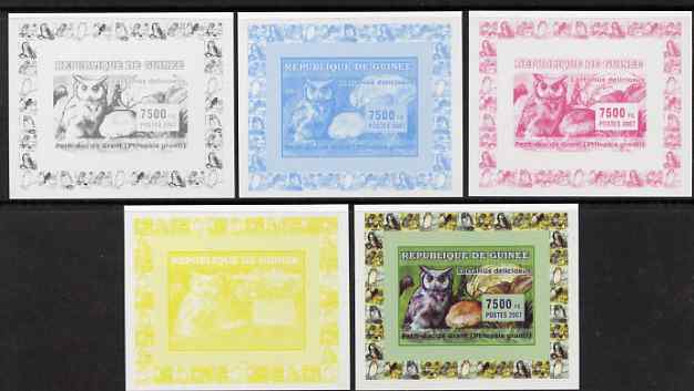 Guinea - Conakry 2007 Owls & Fungi #2 deluxe sheetlet - the set of 5 imperf progressive proofs comprising the 4 individual colours plus all 4-colour composite, unmounted ..., stamps on butterflies, stamps on fungi