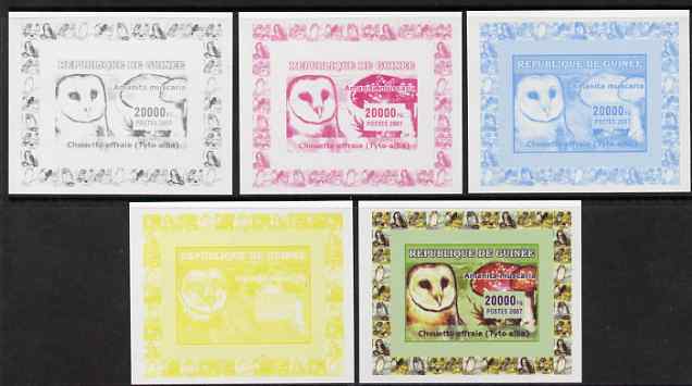 Guinea - Conakry 2007 Owls & Fungi #3 deluxe sheetlet - the set of 5 imperf progressive proofs comprising the 4 individual colours plus all 4-colour composite, unmounted ..., stamps on butterflies, stamps on fungi