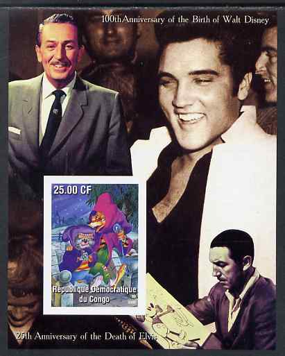 Congo 2002 Birth Centenary of Walt Disney & 25th Anniversary of Death of Elvis #1 imperf m/sheet unmounted mint. Note this item is privately produced and is offered purely on its thematic appeal, stamps on , stamps on  stamps on personalities, stamps on  stamps on elvis, stamps on  stamps on music, stamps on  stamps on pops, stamps on  stamps on cinema, stamps on  stamps on fairy tales, stamps on  stamps on disney, stamps on  stamps on movies, stamps on  stamps on films, stamps on  stamps on 