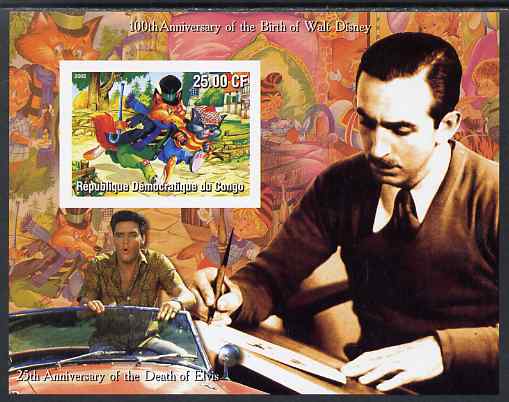 Congo 2002 Birth Centenary of Walt Disney & 25th Anniversary of Death of Elvis #6 imperf m/sheet unmounted mint. Note this item is privately produced and is offered purely on its thematic appeal, stamps on , stamps on  stamps on personalities, stamps on  stamps on elvis, stamps on  stamps on music, stamps on  stamps on pops, stamps on  stamps on cinema, stamps on  stamps on fairy tales, stamps on  stamps on disney, stamps on  stamps on movies, stamps on  stamps on films