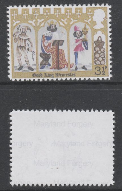 Great Britain 1973 Christmas 3.5p with turquoise-green (leg, etc) omitted,  'Maryland' perf forgery 'unused', as SG 948i - the word Forgery is either handstamped or printed on the back and comes on a presentation card with descriptive notes, stamps on maryland, stamps on forgery, stamps on forgeries, stamps on christmas