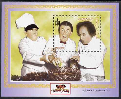 Mongolia 2001 The Three Stooges (Comedy series) perf m/sheet unmounted mint, SG MS 2946, stamps on , stamps on  stamps on films, stamps on  stamps on cinema, stamps on  stamps on comedy, stamps on  stamps on alcohol, stamps on  stamps on drinks