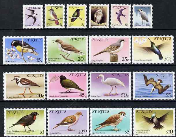 St Kitts 1981-82 Birds definitive set of 18 values complete with imprint date unmounted mint, SG 53B-70B, stamps on , stamps on  stamps on birds, stamps on  stamps on 