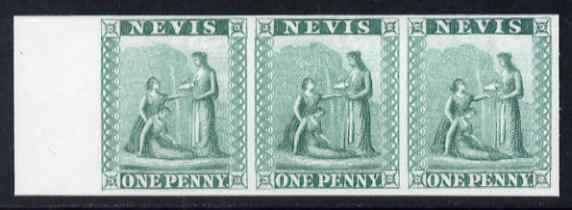 Nevis 1861 Medical Springs 6d imperf plate proof strip of 3 in green on thin card