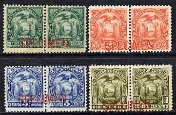 Ecuador 1887 Set of 4 horiz pairs each overprinted Specimen ex ABN Archives, some gum disturbance as SG 26-29 