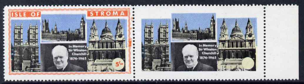 Stroma 1968 Churchill 5s marginal pair with orange frame (Island name & value) completely omitted from right hand stamp, slight offset otherwise unmounted and spectacular, stamps on personalities, stamps on churchill, stamps on constitutions, stamps on  ww2 , stamps on masonry, stamps on masonics, stamps on 