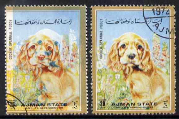 Ajman 1972 Dogs 20d Cocker Spaniel with superb misplacement of blue colour complete with normal both cto used, stamps on dogs