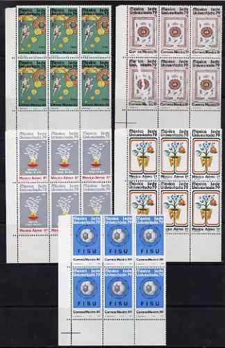 Mexico 1979 University Games set of 5 in corner blocks of 6, the 1p value with superb interposed flaw affecting 2 stamps unmounted mint, SG 1500-1505, stamps on sport