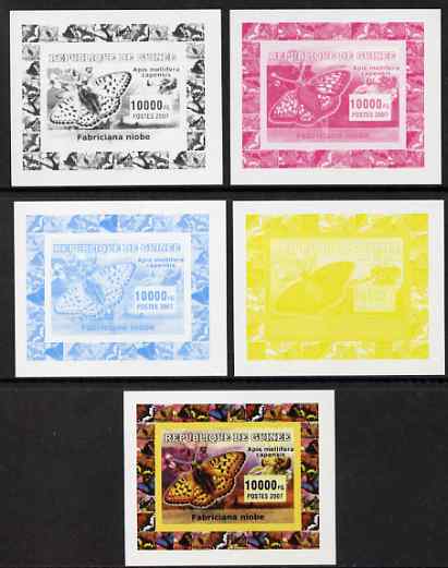 Guinea - Conakry 2007 Bees & Butterflies #2 individual deluxe sheet - the set of 5 imperf progressive proofs comprising the 4 individual colours plus all 4-colour composite, unmounted mint , stamps on , stamps on  stamps on bees, stamps on  stamps on butterflies, stamps on  stamps on insects