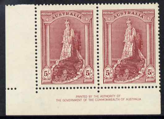 Australia 1937-49 KG6 Robes 5s by Authority imprint pair very fine lightly mounted mint , stamps on royalty