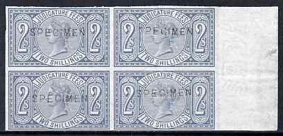 Great Britain 1876 QV Judicature Fees 2s imperf block of 4 each handstamped SPECIMEN unmounted mint, stamps on , stamps on  qv , stamps on officials