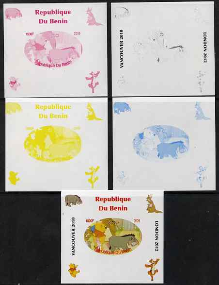 Benin 2009 Pooh Bear & Olympics #02 individual deluxe sheet the set of 5 imperf progressive proofs comprising the 4 individual colours plus all 4-colour composite, unmoun..., stamps on films, stamps on cinema, stamps on movies, stamps on bears, stamps on fairy tales, stamps on olympics