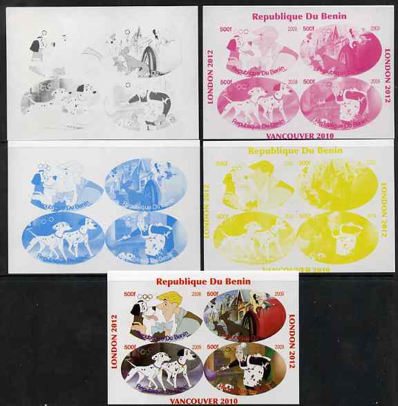 Benin 2009 Disneys 101 Dalmations & Olympics #02 sheetlet containing 4 values, the set of 5 imperf progressive proofs comprising the 4 individual colours plus all 4-colou..., stamps on films, stamps on cinema, stamps on movies, stamps on fairy tales, stamps on olympics, stamps on disney, stamps on dogs