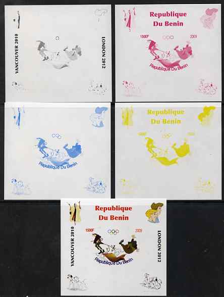 Benin 2009 Disney's 101 Dalmations & Olympics #04 individual deluxe sheet the set of 5 imperf progressive proofs comprising the 4 individual colours plus all 4-colour composite, unmounted mint, stamps on films, stamps on cinema, stamps on movies, stamps on fairy tales, stamps on olympics, stamps on disney, stamps on dogs