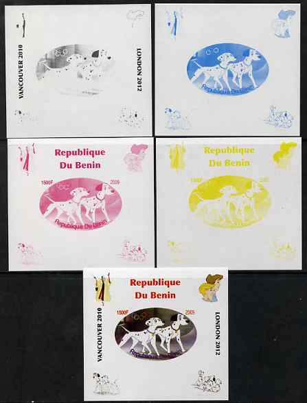 Benin 2009 Disney's 101 Dalmations & Olympics #05 individual deluxe sheet the set of 5 imperf progressive proofs comprising the 4 individual colours plus all 4-colour composite, unmounted mint, stamps on films, stamps on cinema, stamps on movies, stamps on fairy tales, stamps on olympics, stamps on disney, stamps on dogs