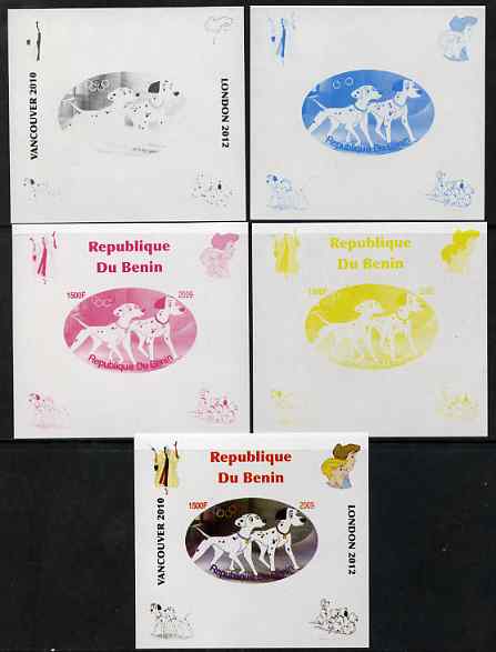 Benin 2009 Disney's 101 Dalmations & Olympics #05 individual deluxe sheet the set of 5 imperf progressive proofs comprising the 4 individual colours plus all 4-colour composite, unmounted mint, stamps on , stamps on  stamps on films, stamps on  stamps on cinema, stamps on  stamps on movies, stamps on  stamps on fairy tales, stamps on  stamps on olympics, stamps on  stamps on disney, stamps on  stamps on dogs