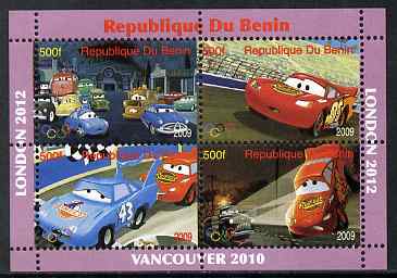 Benin 2009 Disney's Lightning McQueen & Olympics #01 perf sheetlet containing 4 values unmounted mint. Note this item is privately produced and is offered purely on its thematic appeal, stamps on , stamps on  stamps on films, stamps on  stamps on cinema, stamps on  stamps on movies, stamps on  stamps on cars, stamps on  stamps on olympics, stamps on  stamps on disney, stamps on  stamps on cartoons