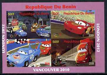 Benin 2009 Disney's Lightning McQueen & Olympics #01 imperf sheetlet containing 4 values unmounted mint. Note this item is privately produced and is offered purely on its thematic appeal, stamps on , stamps on  stamps on films, stamps on  stamps on cinema, stamps on  stamps on movies, stamps on  stamps on cars, stamps on  stamps on olympics, stamps on  stamps on disney, stamps on  stamps on cartoons