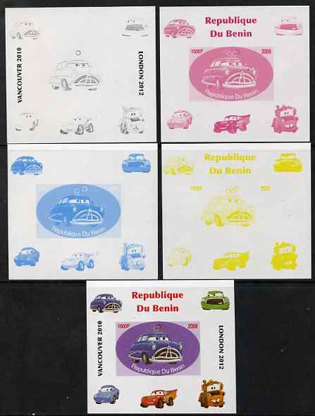 Benin 2009 Disney's Lightning McQueen & Olympics #03 individual deluxe sheet the set of 5 imperf progressive proofs comprising the 4 individual colours plus all 4-colour composite, unmounted mint, stamps on , stamps on  stamps on films, stamps on  stamps on cinema, stamps on  stamps on movies, stamps on  stamps on cars, stamps on  stamps on olympics, stamps on  stamps on disney, stamps on  stamps on cartoons