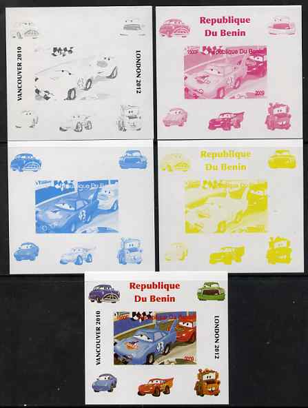 Benin 2009 Disneys Lightning McQueen & Olympics #04 individual deluxe sheet the set of 5 imperf progressive proofs comprising the 4 individual colours plus all 4-colour c..., stamps on films, stamps on cinema, stamps on movies, stamps on cars, stamps on olympics, stamps on disney, stamps on cartoons