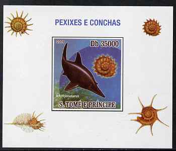 St Thomas & Prince Islands 2009 Dinosaurs (Fish) & Shells #01 individual imperf deluxe sheet unmounted mint. Note this item is privately produced and is offered purely on its thematic appeal, stamps on dinosaurs, stamps on fish, stamps on shells, stamps on marine life